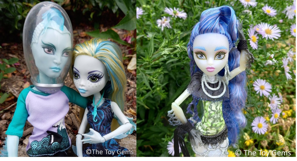 Monster High Dolls - Gil Webber and Lagoona Blue in the left image and Sirena Von Boo Doll in the right image. 